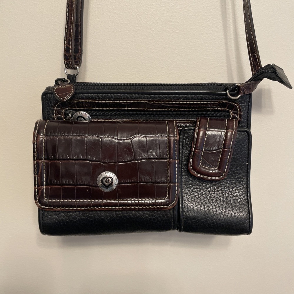 Vintage Y2K Brighton Organizer Crossbody Purse Handbag Brown Black Croc-Embossed